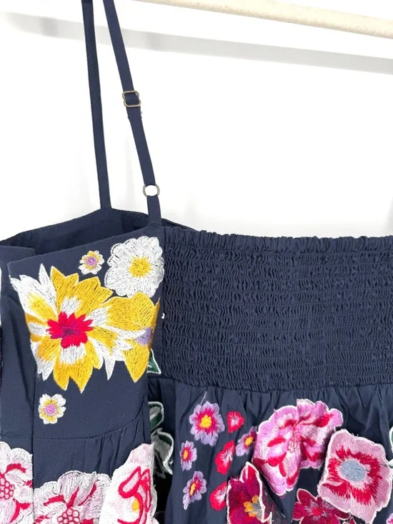 Anthropologie 3D Floral Embroidered Babydoll Mini Dress Navy Size Large - Picture 9 of 11